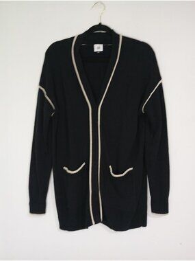 Cabi Black Open-Front Cardigan With Cream Trim & Pockets Womens Small